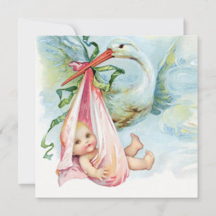 Invitation Fête de naissance Bébé Fille Cigogne Rose et Bleu 