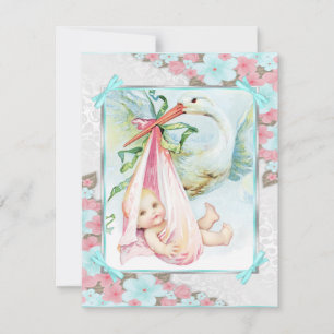 Invitation Fête de naissance Bébé Fille Cigogne Rose et Bleu