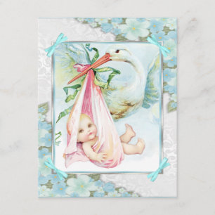 Invitation Fête de naissance Bébé Fille Cigogne Rose et Bleu 