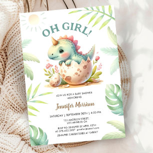 Invitation Fête de Naissance Bébé Fille Dino Rose Mignonne