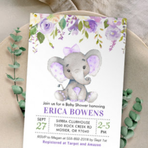 Invitation Fête de naissance bébé fille éléphant lilas lavand