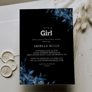 Invitation Fête de naissance Bébé fille Fleurs Bleu Marine Ro