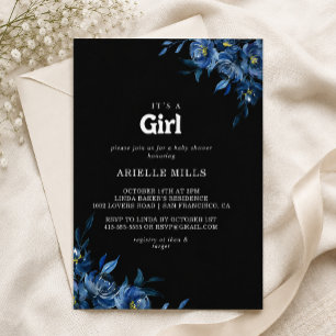 Invitation Fête de naissance Bébé fille Fleurs Bleu Marine Ro