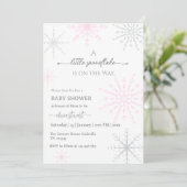 Invitation Fête de naissance bébé fille flocon de neige rose (Debout devant)
