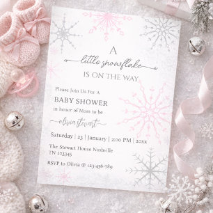Invitation Fête de naissance bébé fille flocon de neige rose