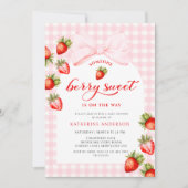 Invitation Fête de naissance Bébé Fille Fraise Douce Ruban Ro (Devant)