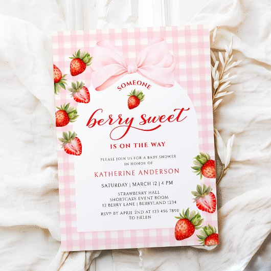 Invitation Fête de naissance Bébé Fille Fraise Douce Ruban Ro