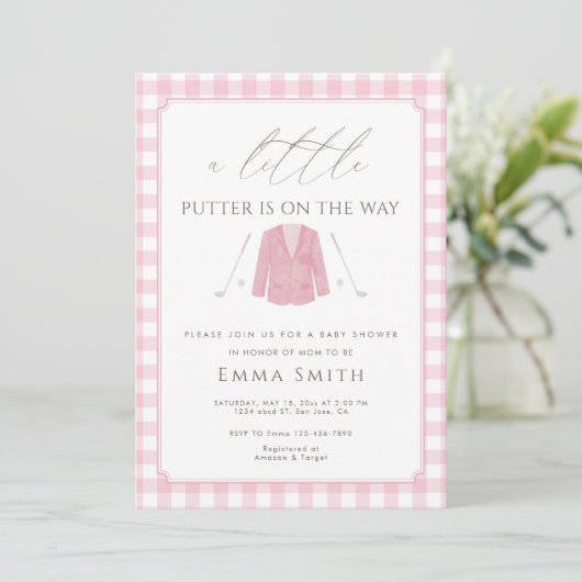 Invitation Fête de Naissance Bébé Fille Golf Putt Gingham Ros (Debout devant)