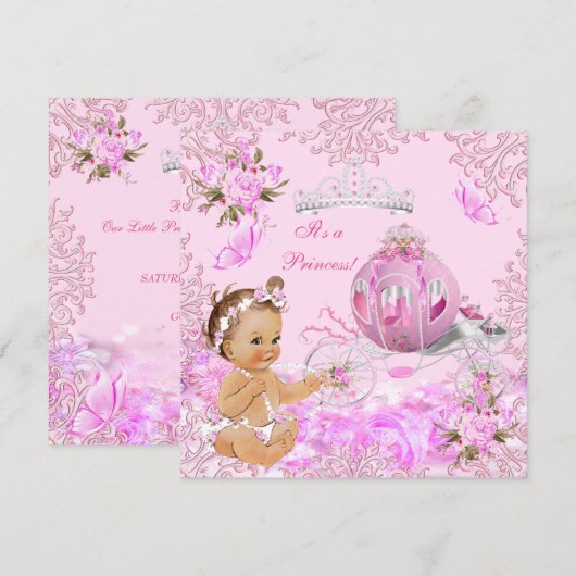 Invitation Fête de Naissance Bébé Fille Princesse Charrette R (Devant / Derrière)