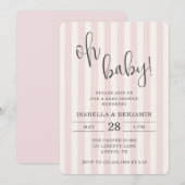 Invitation Fête de naissance Bébé Fille Rose et Crème Rayée (Devant / Derrière)