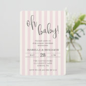 Invitation Fête de naissance Bébé Fille Rose et Crème Rayée (Debout devant)