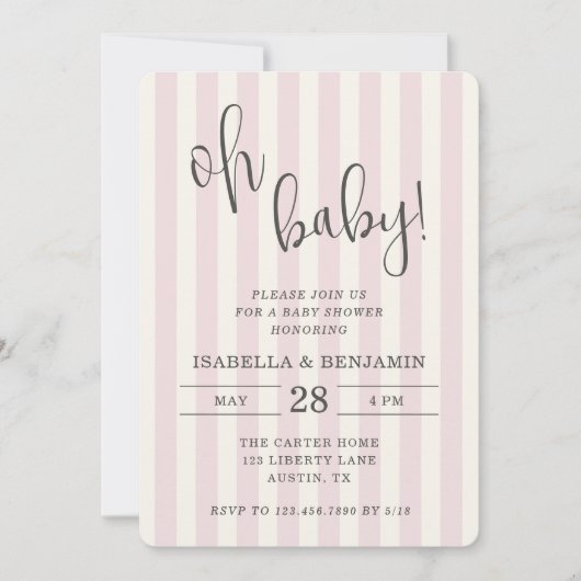 Invitation Fête de naissance Bébé Fille Rose et Crème Rayée (Devant)