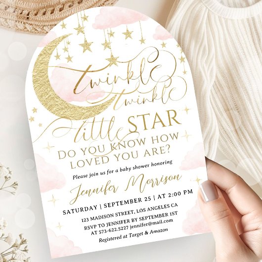 Invitation Fête de Naissance Bébé Fille Rose Or Arc Céleste