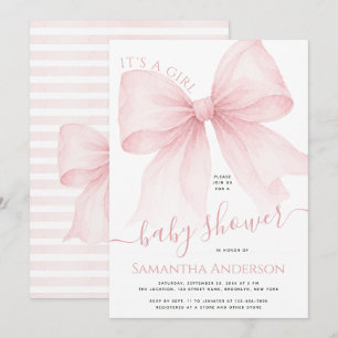 Invitation Fête de Naissance Bébé Fille Ruban Rose Coquette