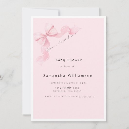 Invitation Fête de Naissance Bébé Fille Ruban Rose Moderne Co (Devant)