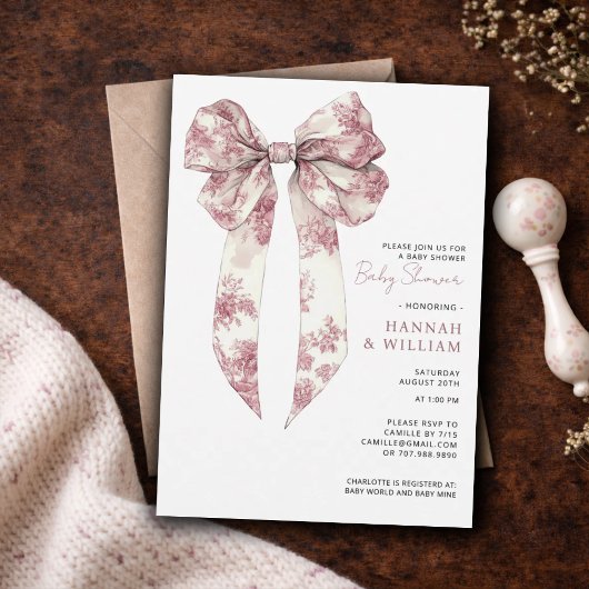 Invitation Fête de Naissance Bébé Fille Ruban Toile Rose Coqu