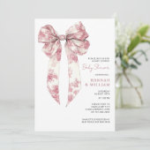 Invitation Fête de Naissance Bébé Fille Ruban Toile Rose Coqu (Debout devant)