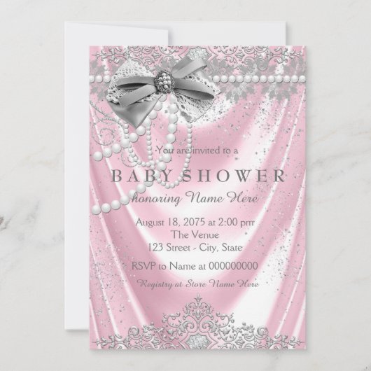 Invitation Fête de naissance bébé fille Satin Rose Perle (Devant)