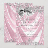 Invitation Fête de naissance bébé fille Satin Rose Perle (Devant / Derrière)