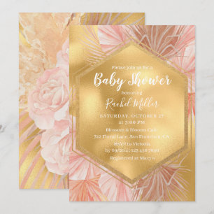 Invitation Fête de naissance bébé fille tropical rose et or