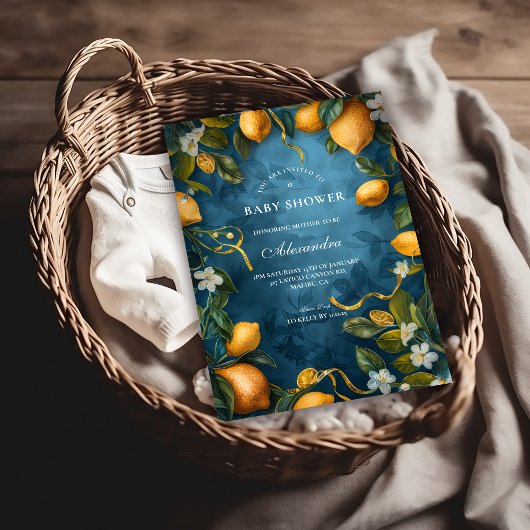 Invitation Fête de Naissance Bébé Fleur de Citron Bleu