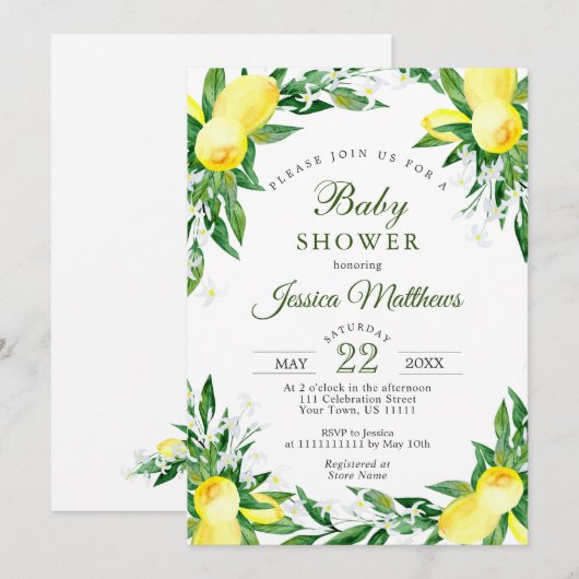 Invitation Fête de Naissance Bébé Fleur de Citron Vert NEUTRE (Devant / Derrière)