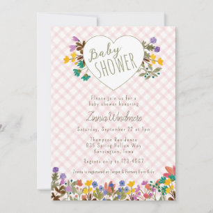 Invitation Fête de naissance bébé Fleur de Jardin Cœur Gingha