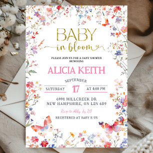 Invitation Fête de Naissance Bébé Fleur Sauvage Rose en Fleur