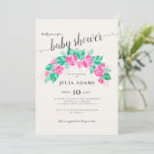 Invitation Fête de Naissance Bébé Fleurs Rose Vert Jardin (Debout devant)