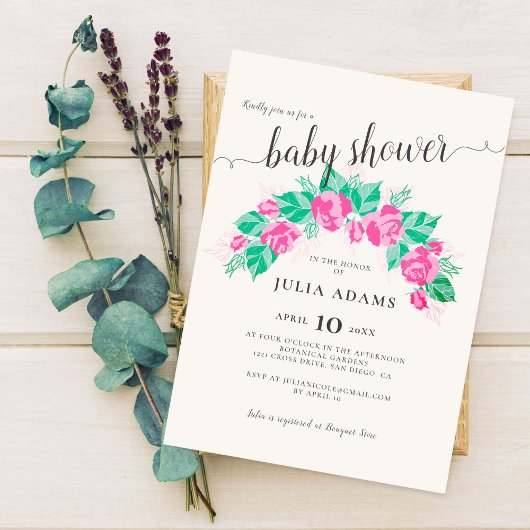 Invitation Fête de Naissance Bébé Fleurs Rose Vert Jardin