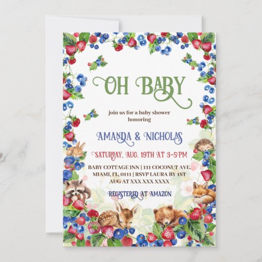 Invitation Fête de naissance Bébé fraise myrtille et Animaux (Devant)