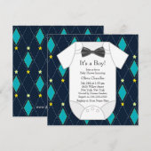 Invitation Fête de naissance bébé garçon bleu argyle jaune (Devant / Derrière)