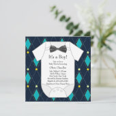Invitation Fête de naissance bébé garçon bleu argyle jaune (Debout devant)