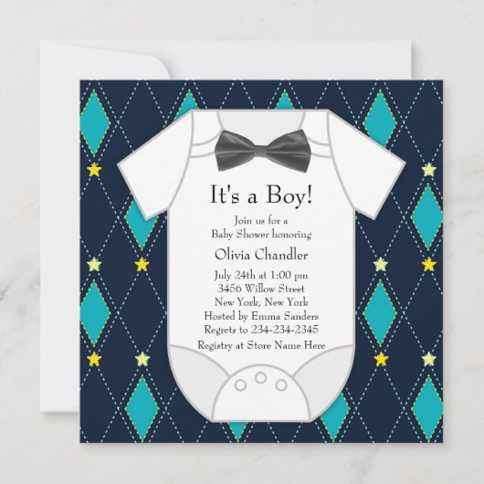 Invitation Fête de naissance bébé garçon bleu argyle jaune (Devant)