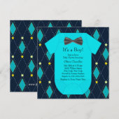 Invitation Fête de naissance bébé garçon bleu argyle jaune (Devant / Derrière)