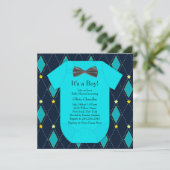 Invitation Fête de naissance bébé garçon bleu argyle jaune (Debout devant)