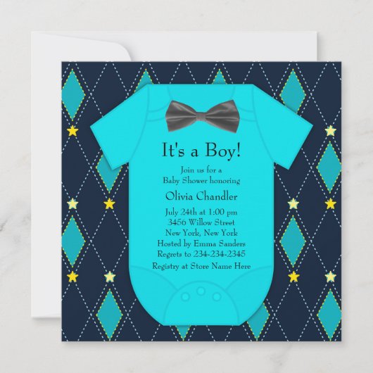 Invitation Fête de naissance bébé garçon bleu argyle jaune (Devant)