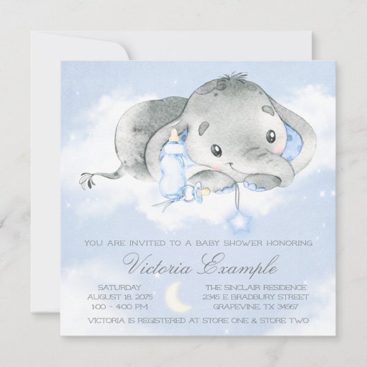 Invitation Fête de naissance bébé garçon éléphant Twinkle Twi (Devant)