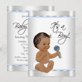 Invitation Fête de naissance bébé garçon ethnique bleu argent (Devant / Derrière)