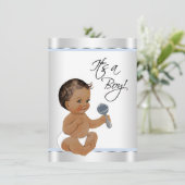 Invitation Fête de naissance bébé garçon ethnique bleu argent (Debout devant)