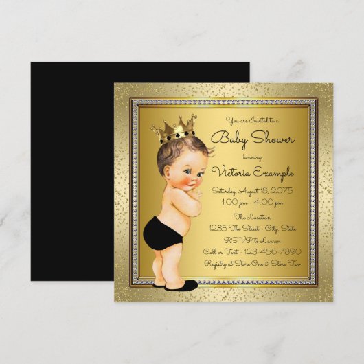Invitation Fête de naissance bébé garçon noir et or (Devant / Derrière)