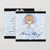 Invitation Fête de naissance bébé garçon noir léopard bleu (Devant / Derrière)