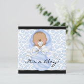 Invitation Fête de naissance bébé garçon noir léopard bleu (Debout devant)