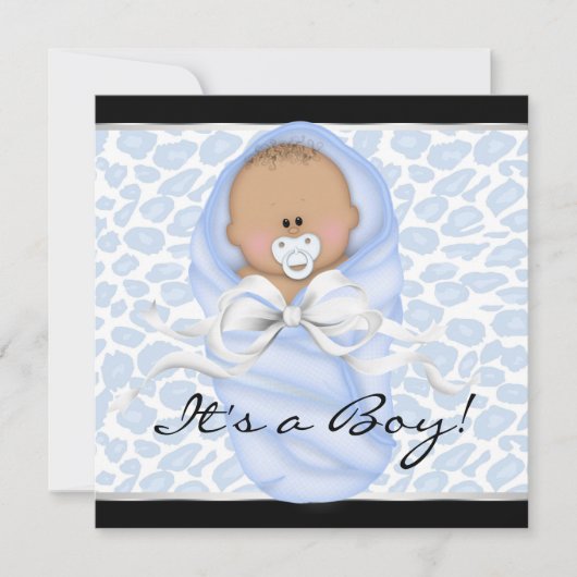 Invitation Fête de naissance bébé garçon noir léopard bleu (Devant)