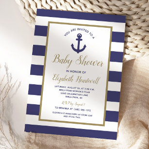 Invitation Fête de Naissance Bébé Garçon Rayures Bleu Marine