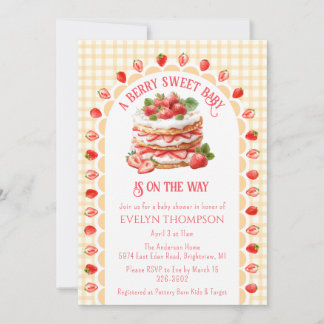 Invitation Fête de naissance Bébé Gâteau aux Fraises Gingham