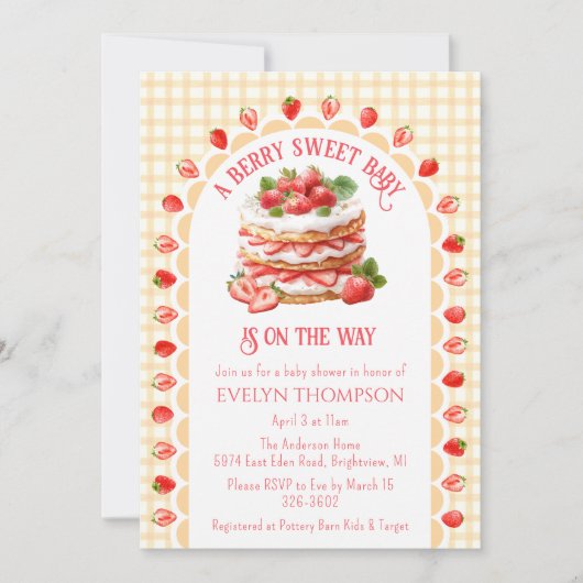 Invitation Fête de naissance Bébé Gâteau aux Fraises Gingham (Devant)