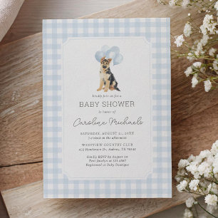 Invitation Fête de naissance bébé Gingham Bleu Berger Alleman
