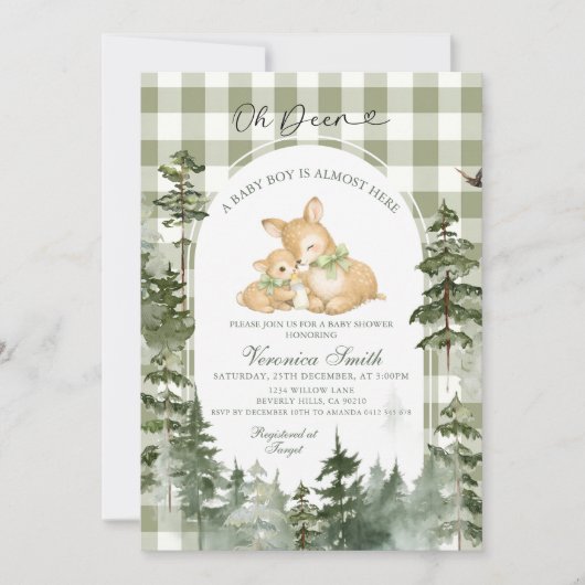 Invitation Fête de naissance Bébé Gingham Bois Cerf (Devant)