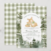 Invitation Fête de naissance Bébé Gingham Bois Cerf (Devant / Derrière)